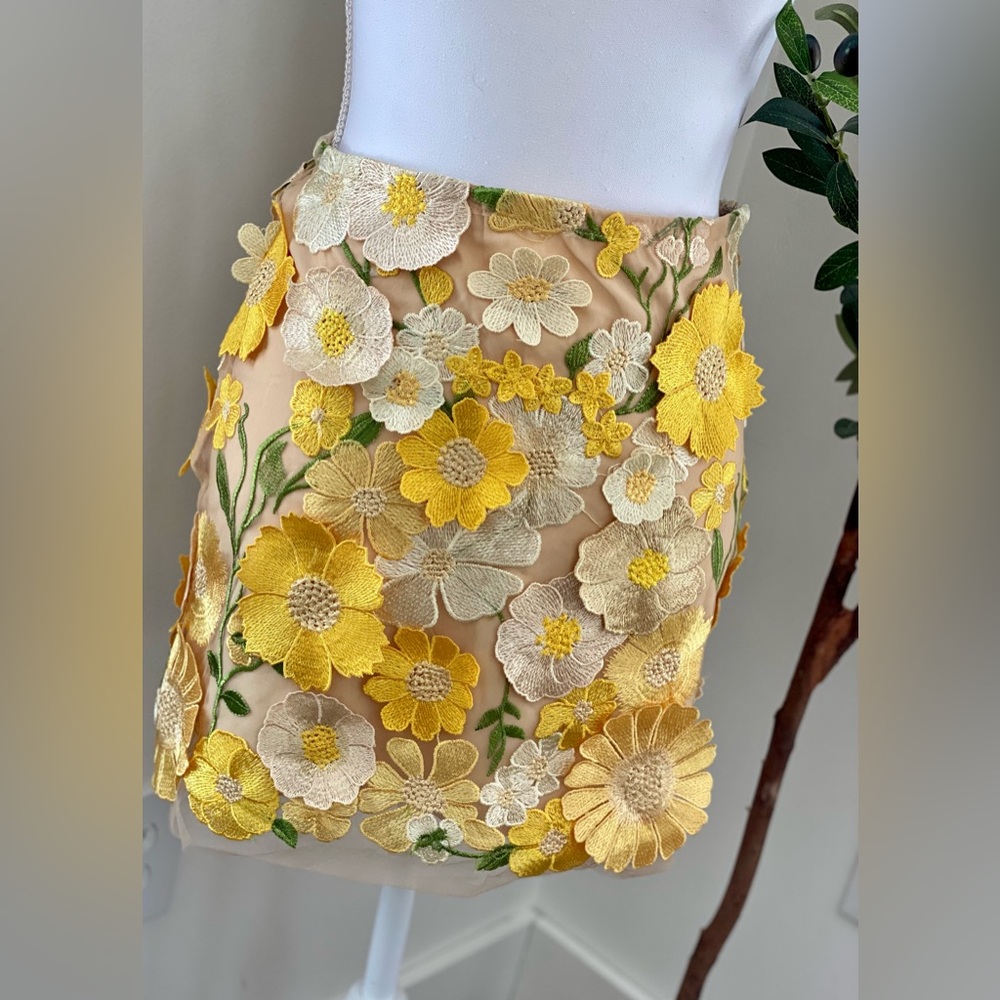 Vici Golden Hour Floral Appliqué Mini Skirt - Yellow and Cream